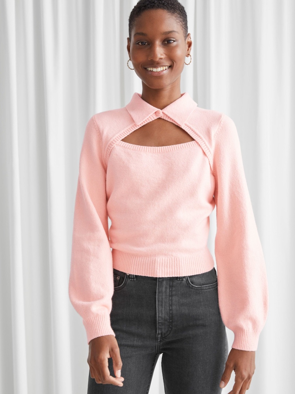 & Other Stories Pink Knitted Cutout Collar Sweater Size Small (S) Balloon Sleeve